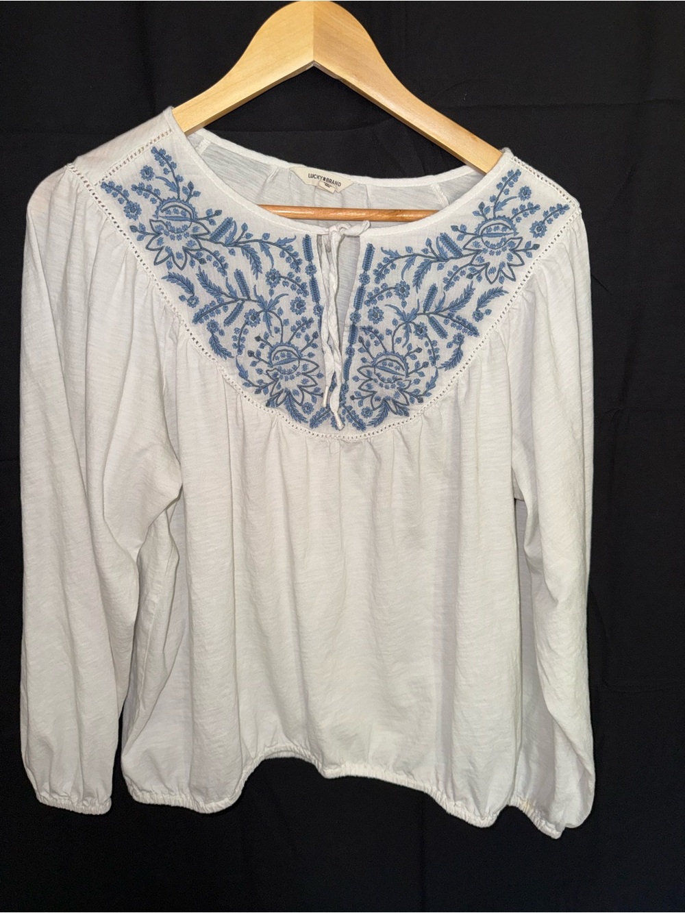 Lucky Brand White Peasant Blouse with Blue Floral Embroidery